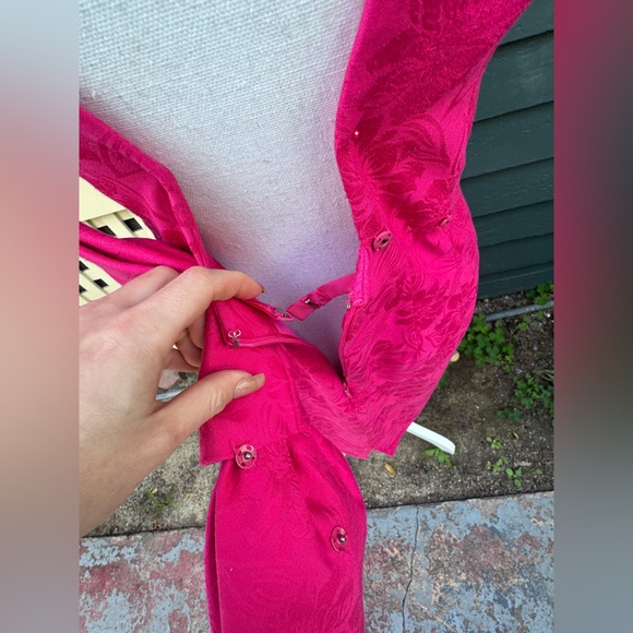 90s Vintage Hot Pink Cotton Jacquard Wiggle Dress w Low Back and Bow Sz Sm - Picture 5 of 9